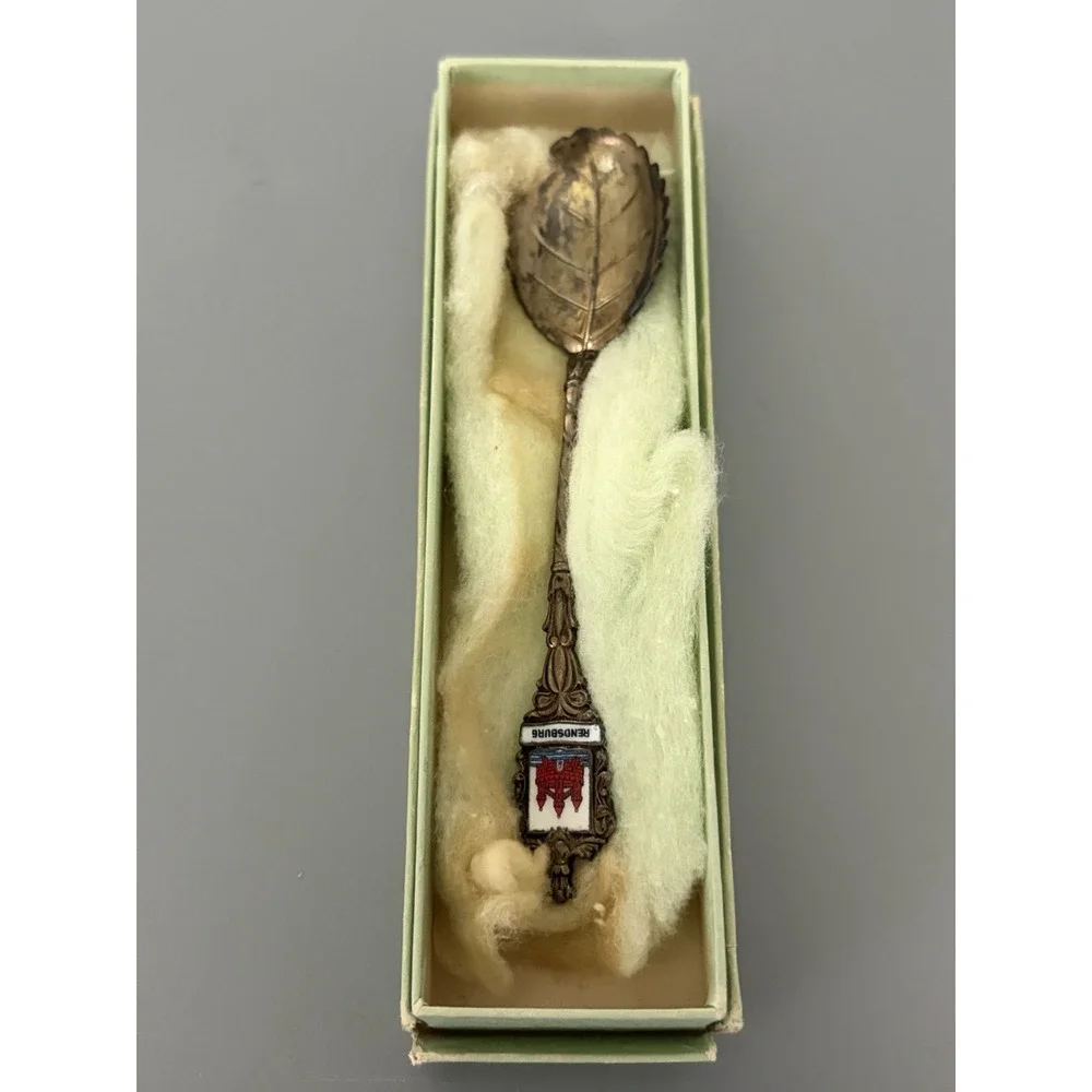 German 800 Silver Souvenir Spoon Rendsburg Enamel Crest Leaf Bowl Original Box